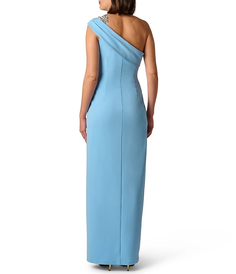 Adrianna Papell Crepe One Shoulder Beaded Side Slit Long Gown
