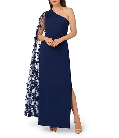 Adrianna Papell Crepe One Shoulder Embroidered Cape Gown