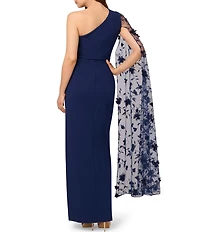 Adrianna Papell Crepe One Shoulder Embroidered Cape Gown