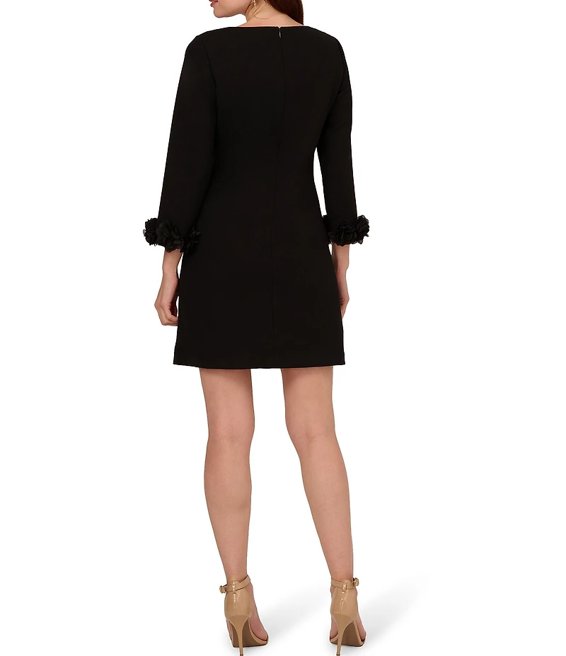 Adrianna Papell Crepe Shift Boat Neck 3/4 Sleeve 3-D Flower Cuff Mini Dress