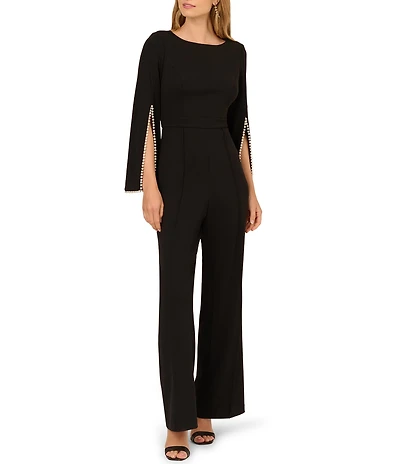 Adrianna Papell Crepe Spilt Sleeve Pearl Trim Jumpsuit