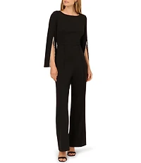 Adrianna Papell Crepe Spilt Sleeve Pearl Trim Jumpsuit
