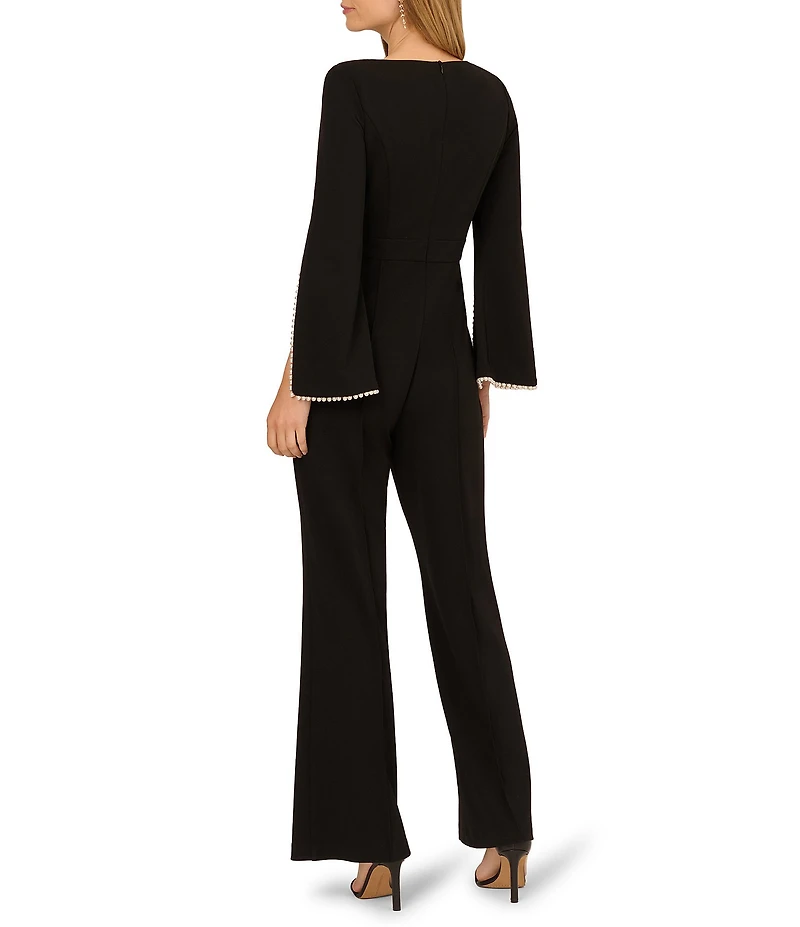 Adrianna Papell Crepe Spilt Sleeve Pearl Trim Jumpsuit