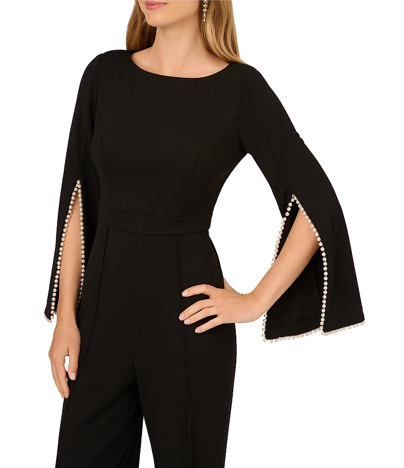 Adrianna Papell Crepe Spilt Sleeve Pearl Trim Jumpsuit