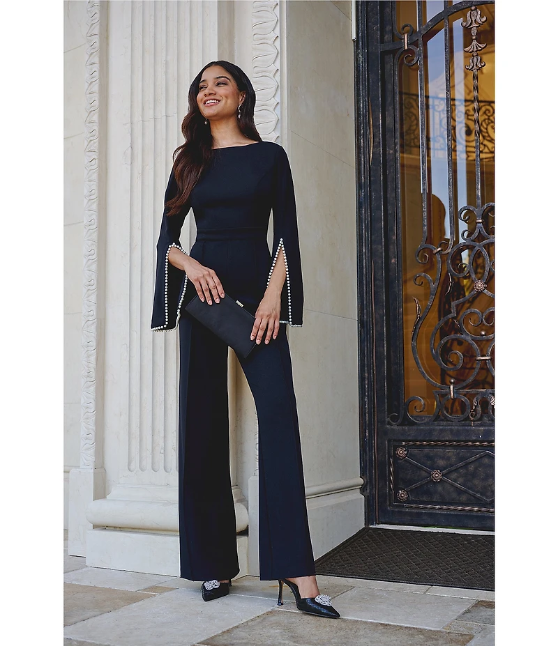 Adrianna Papell Crepe Spilt Sleeve Pearl Trim Jumpsuit