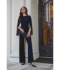 Adrianna Papell Crepe Spilt Sleeve Pearl Trim Jumpsuit
