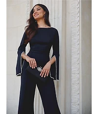 Adrianna Papell Crepe Spilt Sleeve Pearl Trim Jumpsuit