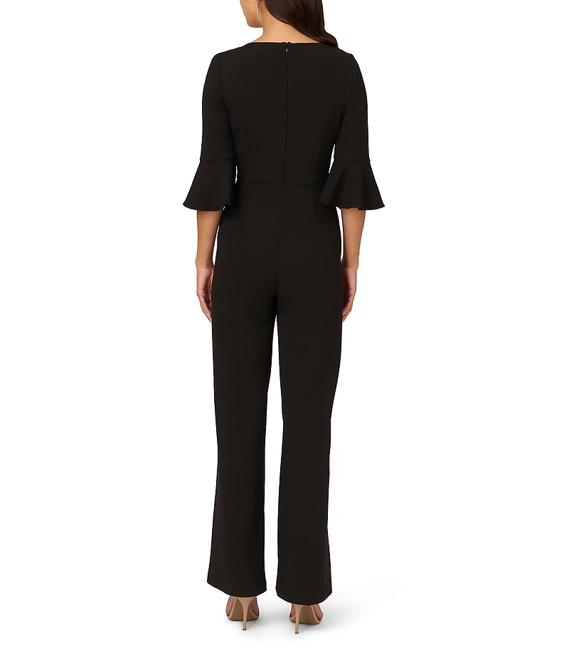 Adrianna Papell Crepe Square Neck 3/4 Bell Sleeve Tie Front Straight Leg Jumpsuit
