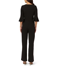 Adrianna Papell Crepe Square Neck 3/4 Bell Sleeve Tie Front Straight Leg Jumpsuit