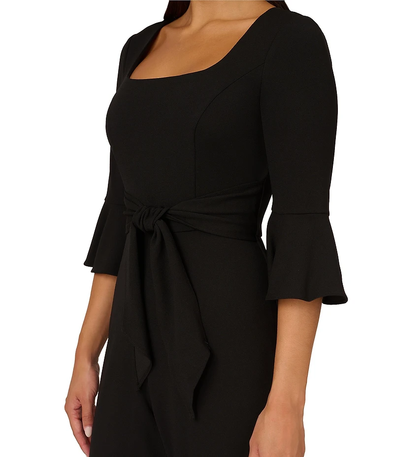 Adrianna Papell Crepe Square Neck 3/4 Bell Sleeve Tie Front Straight Leg Jumpsuit