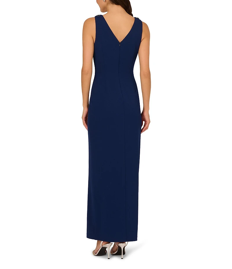 Adrianna Papell Crepe V-Neck Sleeveless Jewel Trim Side Ruffle Slit Gown