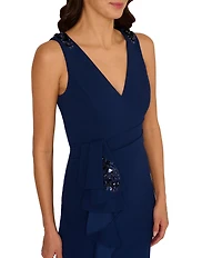 Adrianna Papell Crepe V-Neck Sleeveless Jewel Trim Side Ruffle Slit Gown