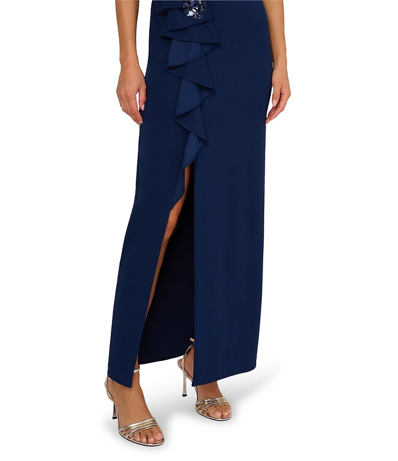 Adrianna Papell Crepe V-Neck Sleeveless Jewel Trim Side Ruffle Slit Gown