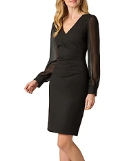 Adrianna Papell Crepe V-Surplice Neckline Long Illusion Sleeve Sheath Dress
