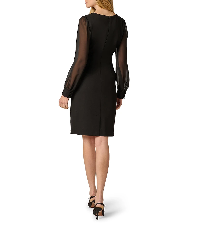 Adrianna Papell Crepe V-Surplice Neckline Long Illusion Sleeve Sheath Dress