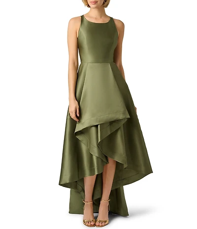 Adrianna Papell Crew Neck Cutaway Shoulder Sleeveless Mikado High Low Gown