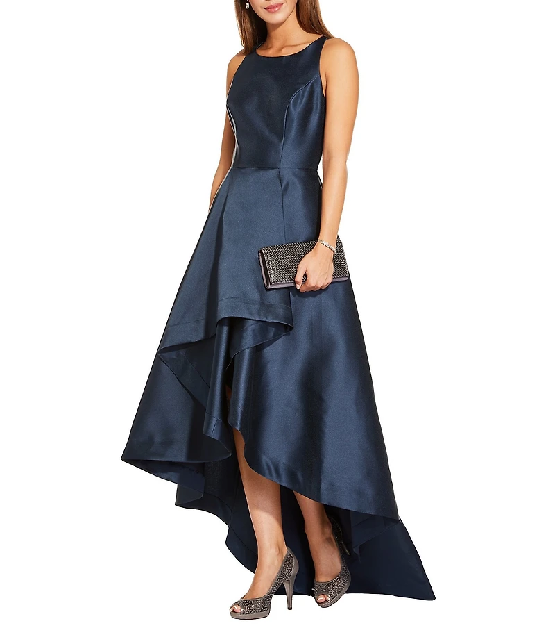 Adrianna Papell Crew Neck Cutaway Shoulder Sleeveless Mikado High Low Gown
