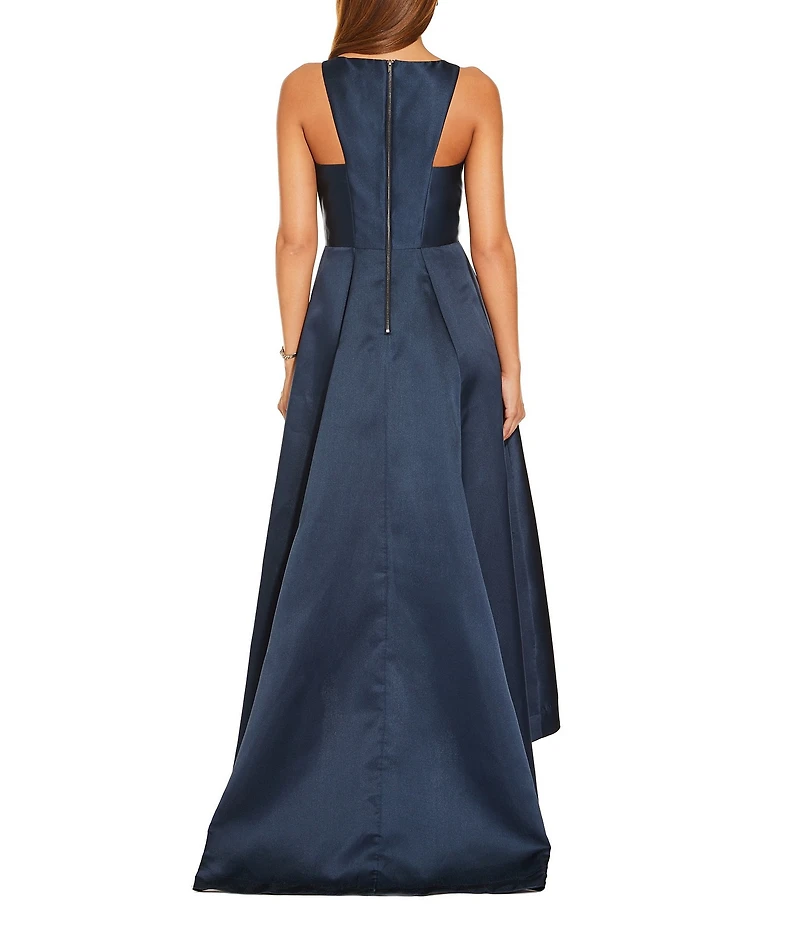 Adrianna Papell Crew Neck Cutaway Shoulder Sleeveless Mikado High Low Gown