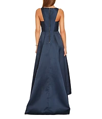 Adrianna Papell Crew Neck Cutaway Shoulder Sleeveless Mikado High Low Gown