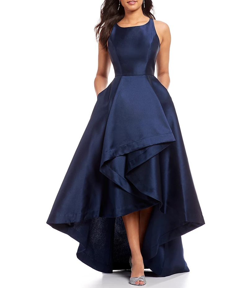 Adrianna Papell Crew Neck Cutaway Shoulder Sleeveless Mikado High Low Gown