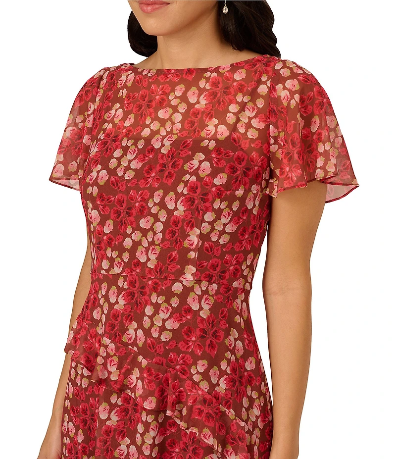 Adrianna Papell Crew Neck Flutter Sleeve Floral Print Crinkle Chiffon Midi Dress