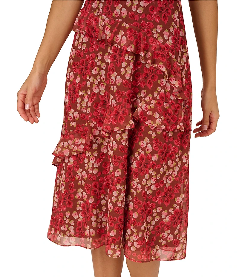 Adrianna Papell Crew Neck Flutter Sleeve Floral Print Crinkle Chiffon Midi Dress