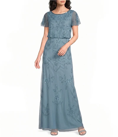 Adrianna Papell Crew Neck Short Flutter Sleeve Beaded Blouson Long Dress