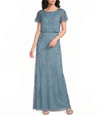 Adrianna Papell Crew Neck Short Flutter Sleeve Beaded Blouson Long Dress