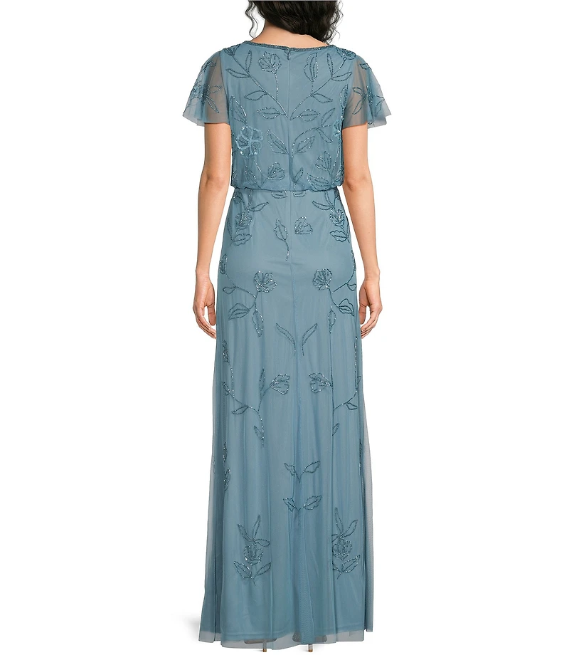 Adrianna Papell Crew Neck Short Flutter Sleeve Beaded Blouson Long Dress