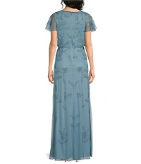Adrianna Papell Crew Neck Short Flutter Sleeve Beaded Blouson Long Dress