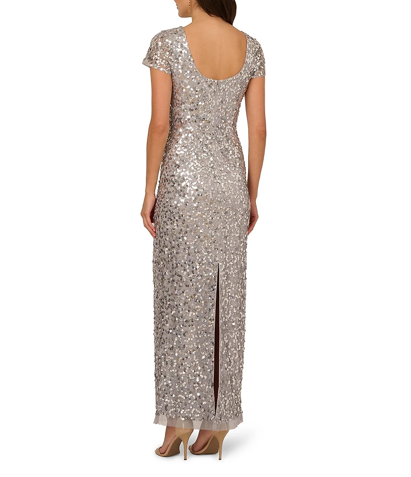 Adrianna Papell Crew Neck Short Sleeve Beaded Sequin Mesh Column Gown