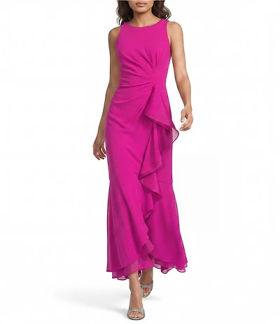 Adrianna Papell Crew Neck Sleeveless Cascading Ruffle High-Low Dress
