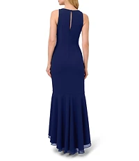 Adrianna Papell Crew Neck Sleeveless Cascading Ruffle High-Low Dress