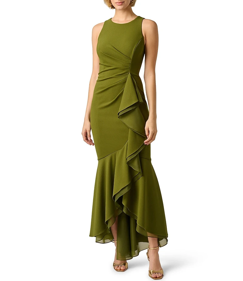 Adrianna Papell Crew Neck Sleeveless Cascading Ruffle High-Low Dress