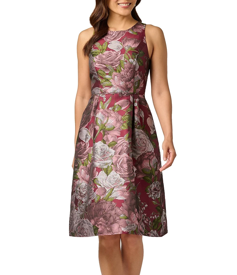 Adrianna Papell Crew Neck Sleeveless Floral Print Jacquard Dress