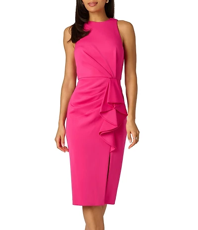 Adrianna Papell Crew Neck Sleeveless Ruffle Midi Dress