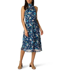 Adrianna Papell Crinkle Chiffon Floral Print Halter Neck Sleeveless Blouson Dress