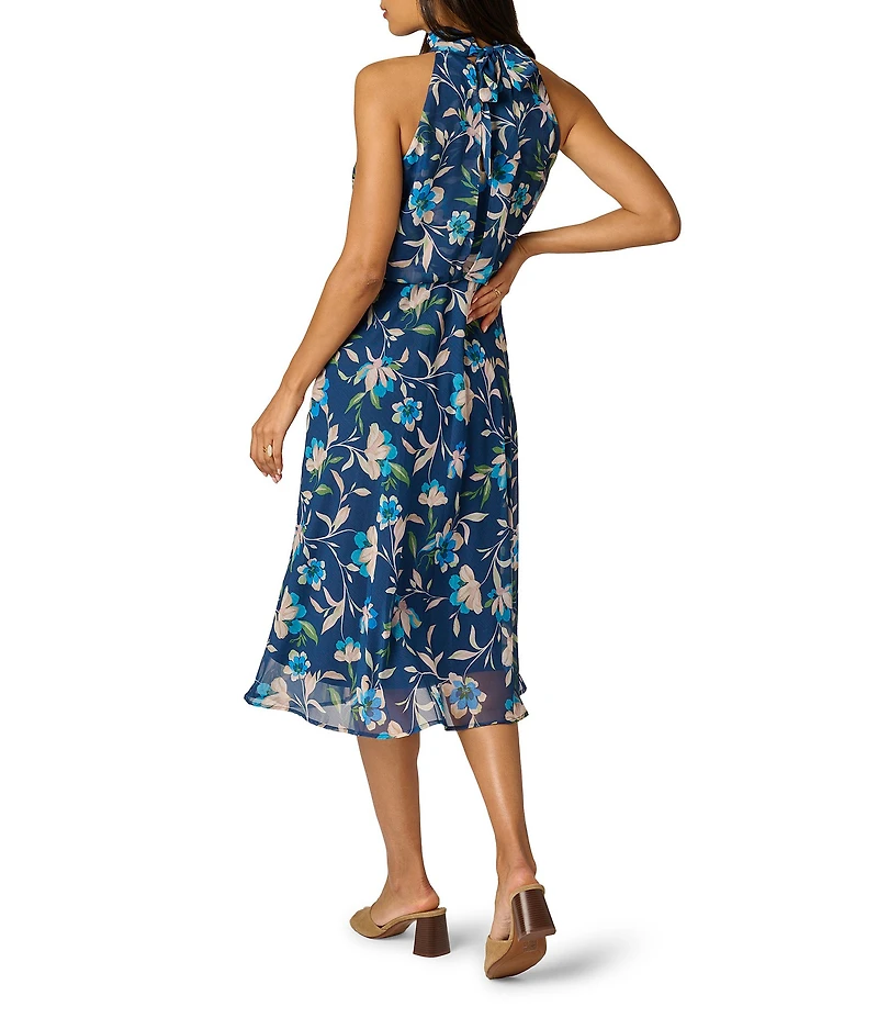 Adrianna Papell Crinkle Chiffon Floral Print Halter Neck Sleeveless Blouson Dress