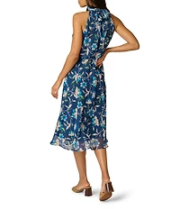 Adrianna Papell Crinkle Chiffon Floral Print Halter Neck Sleeveless Blouson Dress