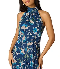 Adrianna Papell Crinkle Chiffon Floral Print Halter Neck Sleeveless Blouson Dress