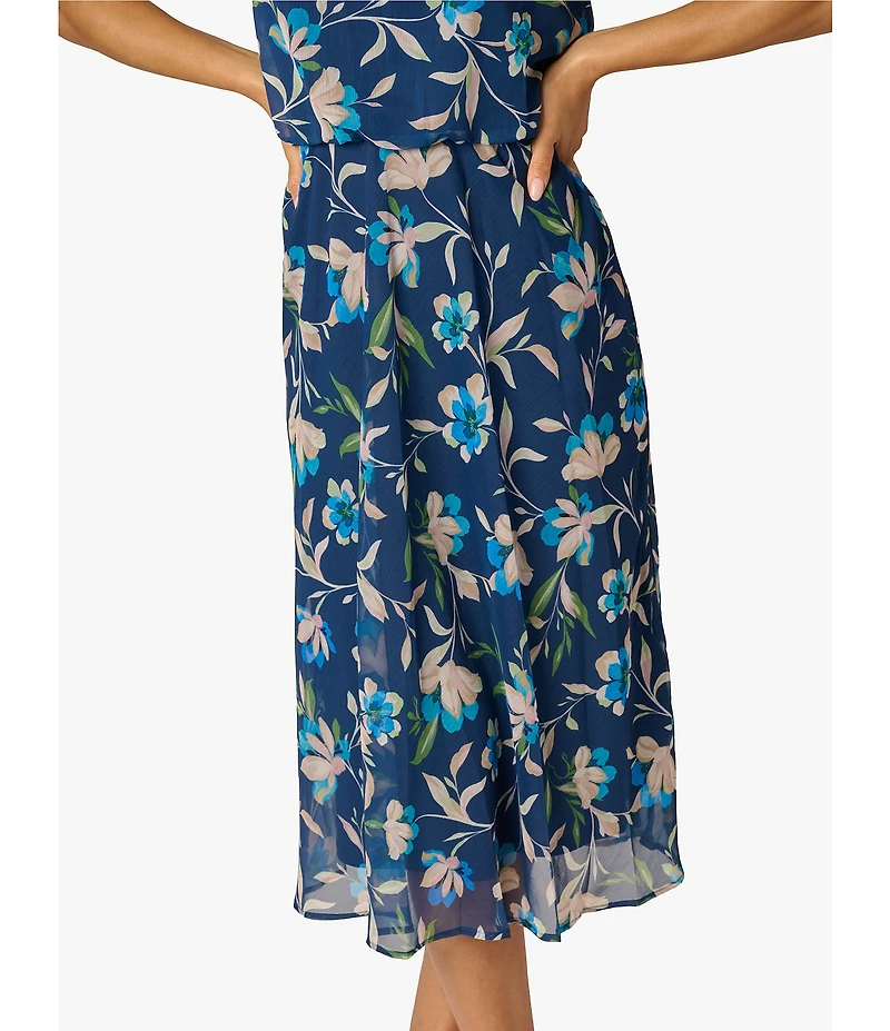 Adrianna Papell Crinkle Chiffon Floral Print Halter Neck Sleeveless Blouson Dress