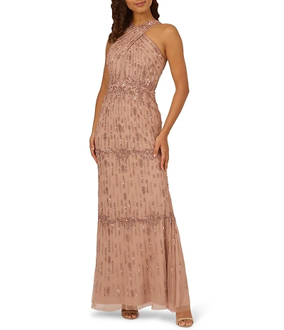 Adrianna Papell Criss Cross Halter Beaded Mesh Sheath Gown