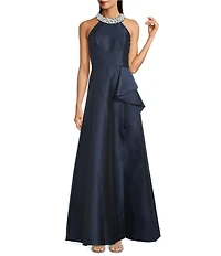 Adrianna Papell Embellished Halter Neck Ruffle Mikado A-Line Gown