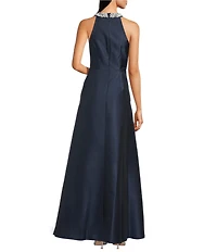 Adrianna Papell Embellished Halter Neck Ruffle Mikado A-Line Gown
