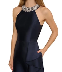 Adrianna Papell Embellished Halter Neck Ruffle Mikado A-Line Gown