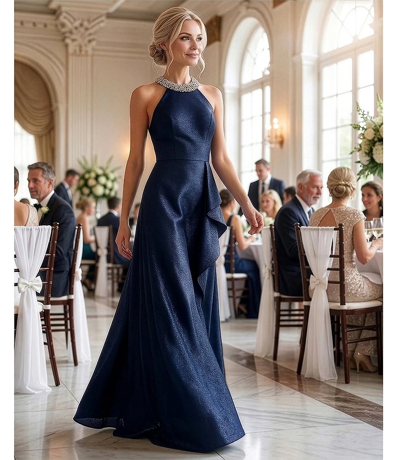 Adrianna Papell Embellished Halter Neck Ruffle Mikado A-Line Gown