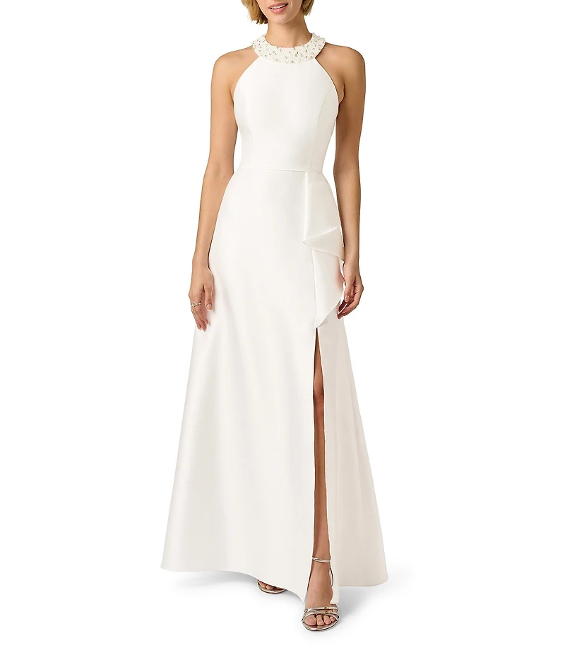 Adrianna Papell Embellished Halter Neck Ruffle Mikado A-Line Gown