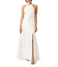 Adrianna Papell Embellished Halter Neck Ruffle Mikado A-Line Gown