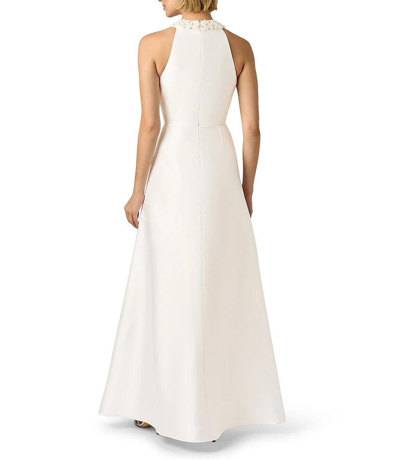 Adrianna Papell Embellished Halter Neck Ruffle Mikado A-Line Gown