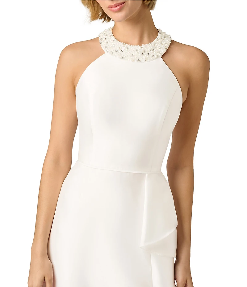 Adrianna Papell Embellished Halter Neck Ruffle Mikado A-Line Gown